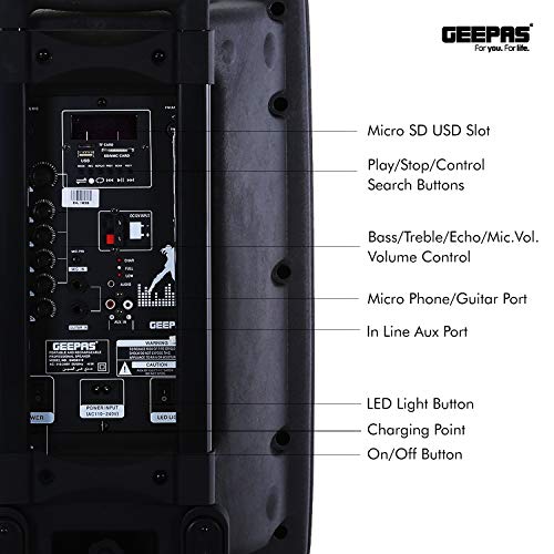 Geepas GMS8519 Rechargeable Trolley Bluetooth Speaker 40000W | 12" Woofer | with Wireless Microphones & LED Lights GMS8519 Geepas