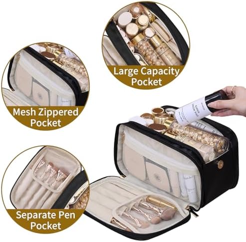 Ogetok Leather Makeup Bag for Women, Portable Travel Cosmetic Bags Zipper Make Up Pouch for Ladies Woman, Large Toiletry Organizer Bag for Toiletries Cosmetics Accessories, Black