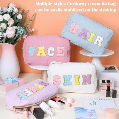 Pinkunn 4 Pcs Preppy Makeup Bags Christmas Chenille Letter Bag Face Skin Hair Stuff Cosmetic Bag Corduroy Makeup Pouch with Zipper Birthday Gifts for Women(Purple, Pink, White, Blue,Corduroy)