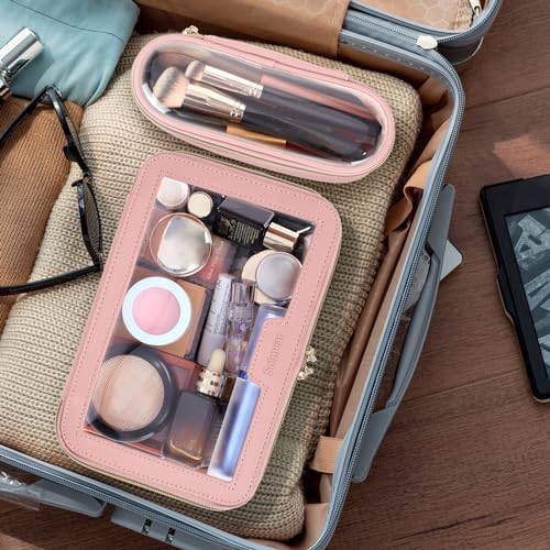 Soimeat Travel Clear Makeup Bag with Makeup Brush Bag, Leather Makeup Case Toiletry Bag, Portable Cosmetic Bag Case, Transparent Waterproof Cosmetic Organizer Storage Bag for Women, Black