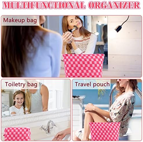 ZLFSRQ 3Pcs Checkered Makeup Bag for Women Large Cosmetic Bag Set Travel Toiletry Bag Makeup Pouch Bag for Purse Pink Zipper Storage Bag Organizer Cute Small Aesthetic Girls Car Essentials Bag