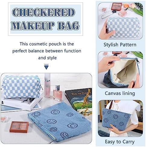 ZLFSRQ 3Pcs Checkered Makeup Bag for Women Large Cosmetic Bag Set Travel Toiletry Bag Makeup Pouch Bag for Purse Pink Zipper Storage Bag Organizer Cute Small Aesthetic Girls Car Essentials Bag