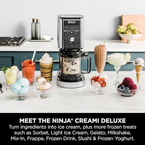 Ninja CREAMi Deluxe Ice Cream Maker & Frozen Dessert Maker with 3 Tubs, 10 Functions, Makes Ice Cream, Gelato, Sorbet, Frozen Yoghurt, Milkshakes, Slushi & More, 2-in-1 Flavour Option, Silver, NC501ME