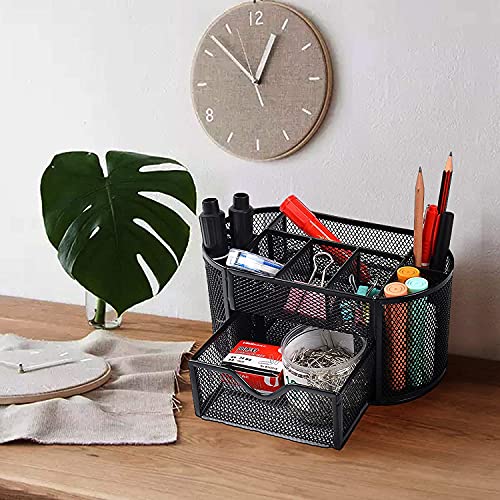 KASTWAVE Desk Organizer with Drawer, Desktop Organizer and Accessories with 9 Compartments for Pen Pencil Organizer Holder, Black