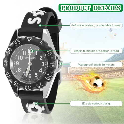 3 Pack Boys Watch With Football Keychain and Wristband Set, Black Toddler Watch Kids Watch Boys 3D Football Silicone Strap, Football Watch Watches for Boys Ages 5-7 Boys Watches For 7 Years Old,