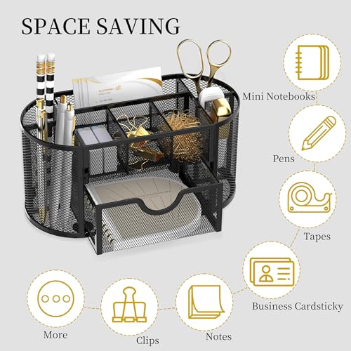 KASTWAVE Mesh Desk Organizer, Desk Organizer Stationery Storage, Pencil Holder for Desk with 9 Compartments and Mini Drawer, Wire Mesh Office Supplies Desk Accessories & Workspace Organizers (Black)