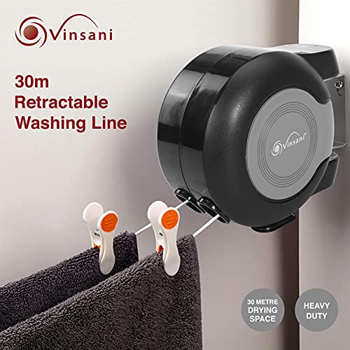 Vinsani 30 metre Retractable Reel Clothes Lines Washing Line with Twin Cable - Wall Mounted Heavy Duty Clothes Dryer 2 x 15m Lines of Drying Space Outdoor, Black