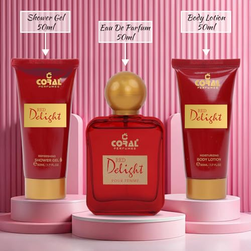 Coral Red Delight Pour Femme Gift Set For Women | Eau de Parfum, Body Lotion & Shower Gel (50ml Each) | Elegant Women's Fragrance Set | For All Occasions
