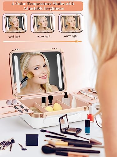 Kalolary Travel Makeup Train Cases with Lighted Mirror 3 Color Setting, Makeup Bag Cosmetic Case Organizer Adjustable Brightness Portable Makeup Storage Box For Makeup Brushes Accessories Tools,White
