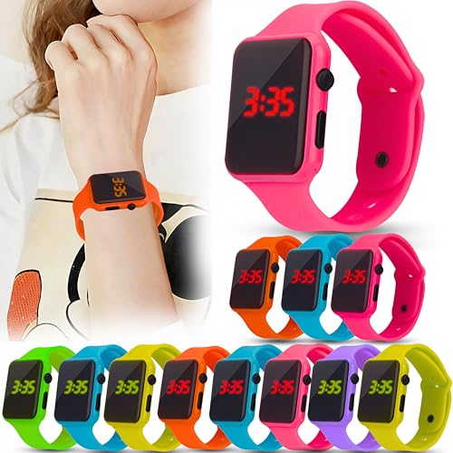 AYEBIA 12pcs Digital LED Watch for Kids, Silicone Wrist Watch, Student Electronic Sports Watch, Bracelet with Metallic Design, Multicolor Fashion Watch for Boys & Girls, Lightweight & Comfortable