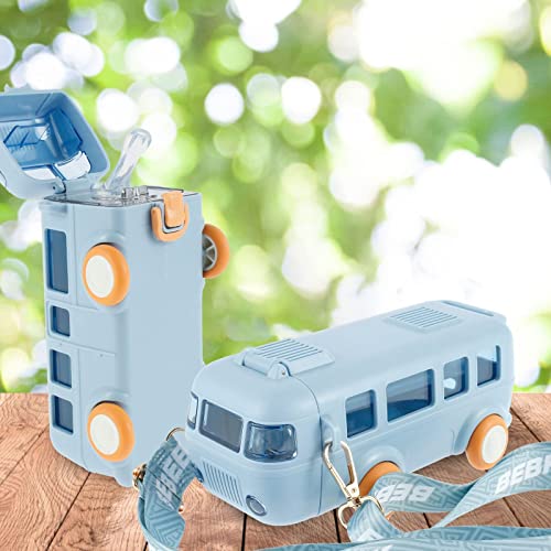 MIXDE Car Straw Water Cup, 16oz Summer Cute Bus Water Bottle with Shoulder Strap, Leak-Proof Kids Square Drinking Cup Cute Cartoon Water Jug Toy Locking Flip Lid Water Kettle for Kids (Blue)
