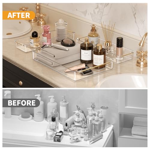 TenSteed Bathroom Trays,Vanity Tray with Gold Handles, Multi-Purpose Storage Organiser Set for Kitchen, Bathroom and Dining Table, Non-Slip Base (Transparent)