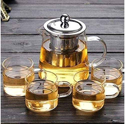 Shinzy 950ml Borosilicate Glass Teapot Kettle, Stovetop & Microwave Safe Glass Teapot With Removable Stainless Steel Infuser, Premium Quality Teapot/Coffee Pot with 4 Nos 100ml Transparent Cup