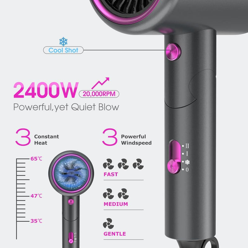 Oxsaytee 2400W Hair Blow Dryer with Diffuser, Foldable Mini Travel Hair Dryer, Ionic Hair Dryer With Storage Bag Bow Dryer for Curly Hair Fast Drying For Home Salon Travel (Black)