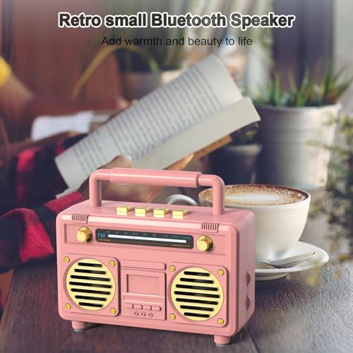 Azonee Mini Retro Bluetooth Speaker, Portable Bluetooth Stereo Speaker, Small Vintage Wireless Speaker Support TF Card - USB, for Travel, Home, Beach, Kitchen for Android/iOS Devices (Pink)