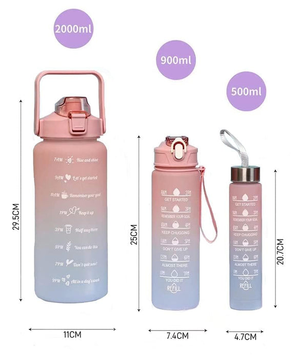 3 Pack Sports Water Bottle With Straw,2L+900ml+500ml Measured Plastic Drinking BPA Free Non-Toxic Sports Drinks Time Markings Motivational Fitness (Pink)
