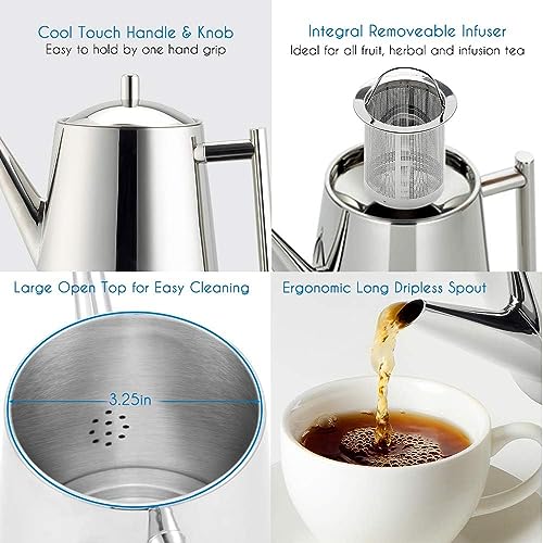 Easyworkz Stainless Steel Teapot with Removeable Infuser 1500ml Stovetop Tea Maker for Fruit Herbal and Infusion
