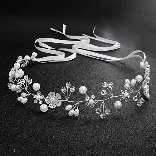 Flower Wedding Hair Accessory, Crystal Pearl Bridal Headband Flower Hair Vine Silver Bride Headband for Women and Girls