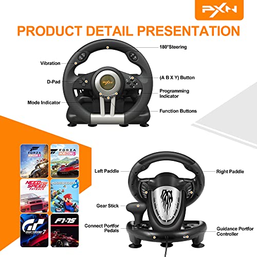 PXN V3II PC Racing Wheel Game Steering Wheel, Driving Wheel Volante PC 180 Degree Universal Usb Car Racing with Pedal for Windows PC, PS3, PS4, Xbox One,Xbox Series S/X, Nintendo Switch(Black)