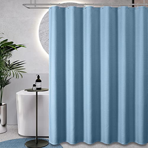 Dynamene Blue Fabric Shower Curtain - Waffle Weave Textured Heavy Duty Cloth Shower Curtains for Bathroom, 256GSM Hotel Luxury Weighted Bath Curtain Set with 12 Plastic Hooks,72x72, Moonlight Blue