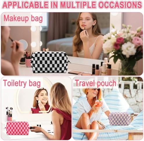ZLFSRQ 3Pcs Checkered Makeup Bag for Women Large Cosmetic Bag Set Travel Toiletry Bag Makeup Pouch Bag for Purse Pink Zipper Storage Bag Organizer Cute Small Aesthetic Girls Car Essentials Bag