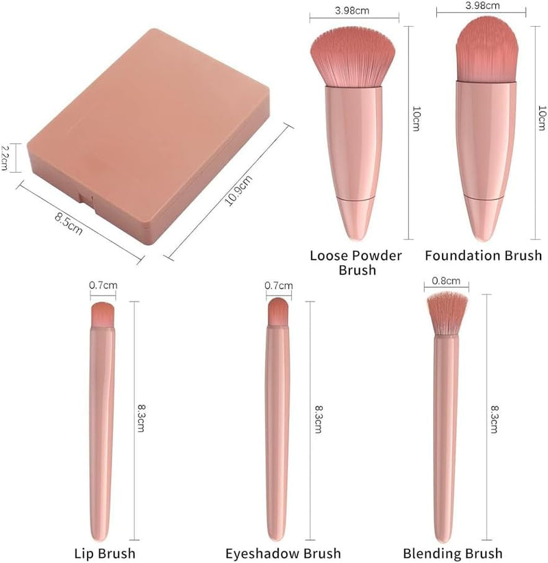 AMERTEER Travel Makeup Brushes Set, 5Pcs Mini Professional Cosmetic Brush Kit with Mirror, Soft Bristles, Portable Cosmetic Brushes for Foundation, Blush, Eyeshadow, Face Ideal Gift for Women