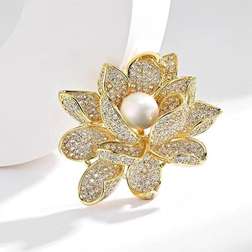 Kokoma Lotus Flower Brooch Pin for Women Girls Gold Plated Rhinestone CZ Pearl Floral Lapel Pins Corsage Badge Brooches Scarf Clip Pins for Cloth Dress Accessories Decoration, Gemstone, cubic zirconia