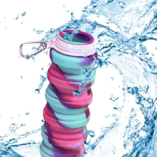 ROLL RIDE FUN Silicone Collapsible Water Bottles, 500ml Portable Foldable Expandable Water Bottle Sports Cups with Carabiner, Leak Proof Reusable BPA Free, for Outdoor Activities Travel (Teal Pink)