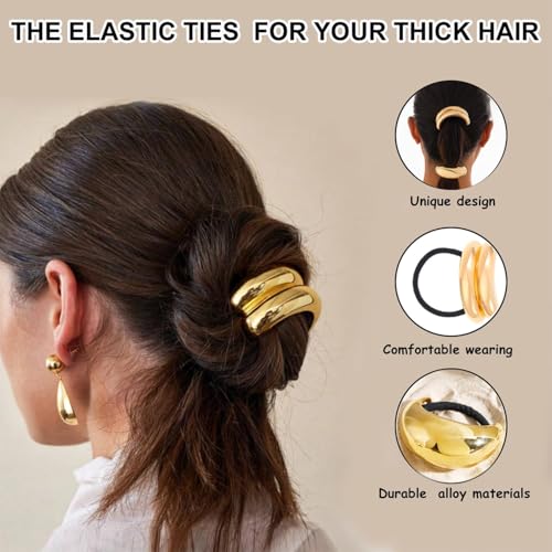 4PCS Metal Hair Ties,Metal Geometric Elastic Hair Ties,Ponytail Hair Cuff,Gold Hair Ties,Gold Hair Cuff Wrap Hair Ties for Thick Hair Gold Ponytail Cuff Elastic Hair Ties for Women Hair Accessories