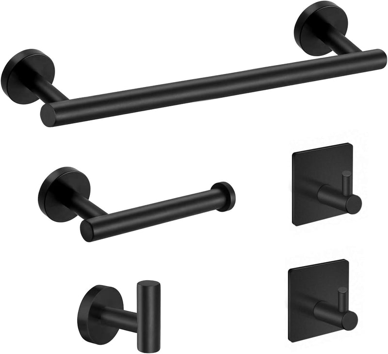 Zuelnote 5-Pieces Matte Black Bathroom Hardware Set SUS304 Stainless Steel Round Wall Mounted - Includes 16" Hand Towel Bar, Toilet Paper Holder, 3 Robe Towel Hooks,Bathroom Accessories Kit
