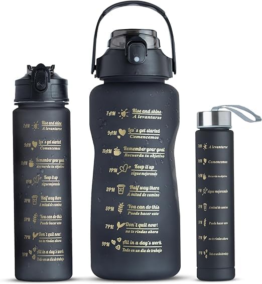 3 Pack Sport Healthy Water Bottle 2L+900ml+500ml Motivational Time Marker,Straw,Phone Holder, Plastic, Adults Kids Fitness Office Gym Home Outdoor School Exercise Protein shake Leak Proof (Black)