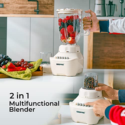 Geepas GSB5409 250W 2 in 1 Multifunctional Blender | Stainless Steel Blades, 4 Speed Control with Pulse | 1.5L Jar, Over Heat Protection| Ice Crusher, Chopper, Coffee Grinder & Smoothie Maker