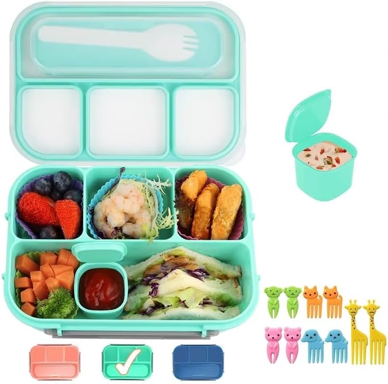 Bento Lunch Box Kids, Lunch Containers Adults With 4 Compartments, Lunch Container for Adults/Kids with forks, Food container 1300ML leak proof, Microwave & Freezer Safe,BPA Free (Green) - Green