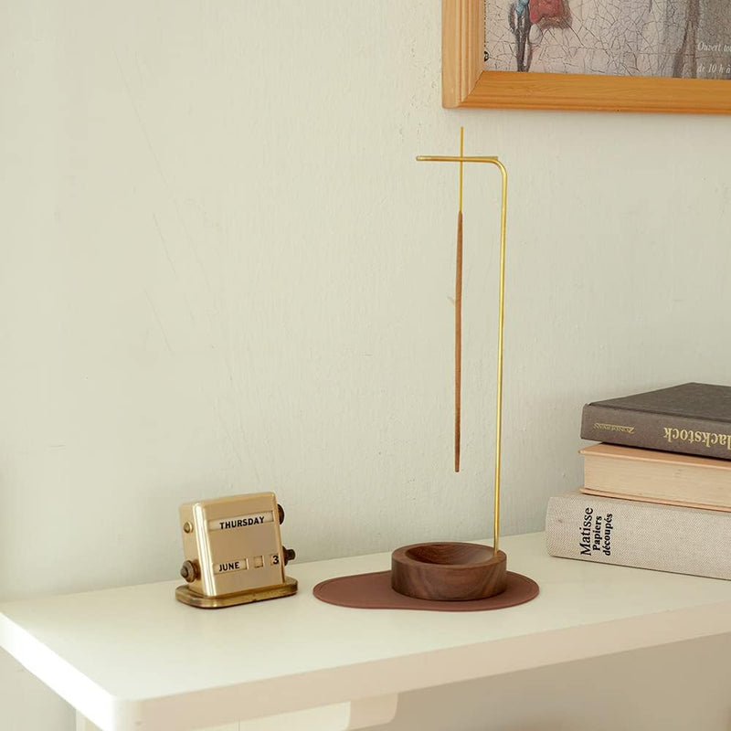 Incense Holder, Multi-Purpose Design Wooden Incense Burner ash Catcher with Brass Incense Stick Holder for Home Decor Yoga Spa Madiation (Walnut Wood)