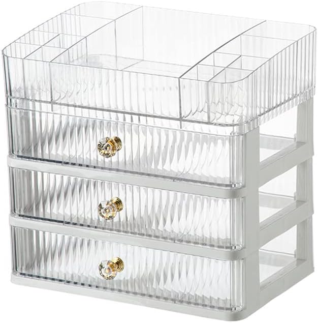 U-HOOME Makeup Organizer with 3 Drawers and Brush Holder, Counter-Top Cosmetics Organizer for Bathroom Vanity Countertops, Cosmetic Display Cases Desk Organizers and Storage for Lipstick,Nail Polish
