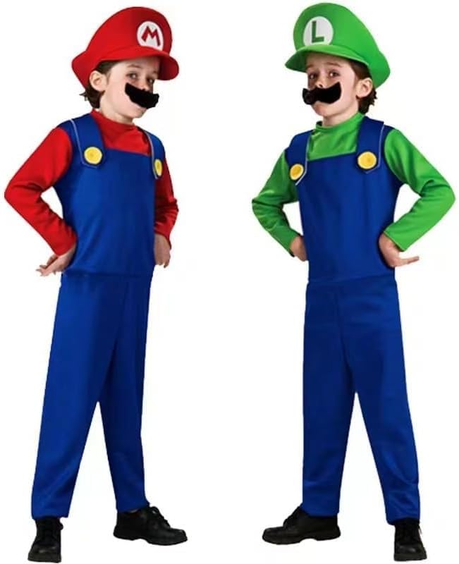 TAPIT Super Brothers Costume for Kids Halloween Cosplay Costume Boys Cartoon Outfits with Caps and Beard Accessory - Red