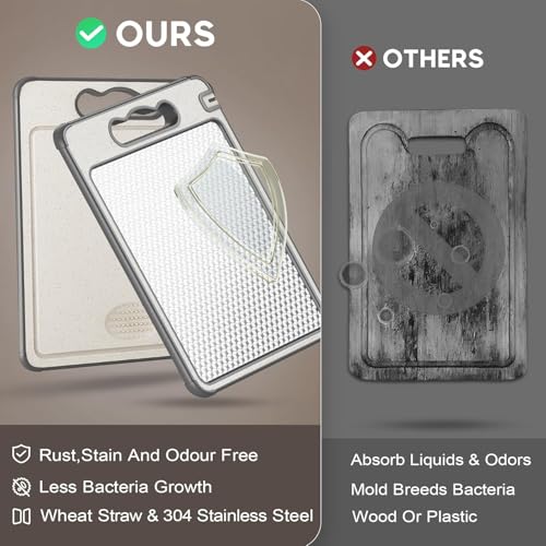 Angju Cutting Board Double Sided,Stainless Steel Cutting Board for Kitchen,Non-slip Scratch-resistant Mesh Design with Juice Groove and Knife sharpener,Food-Grade Wheat Straw PP Chopping Board