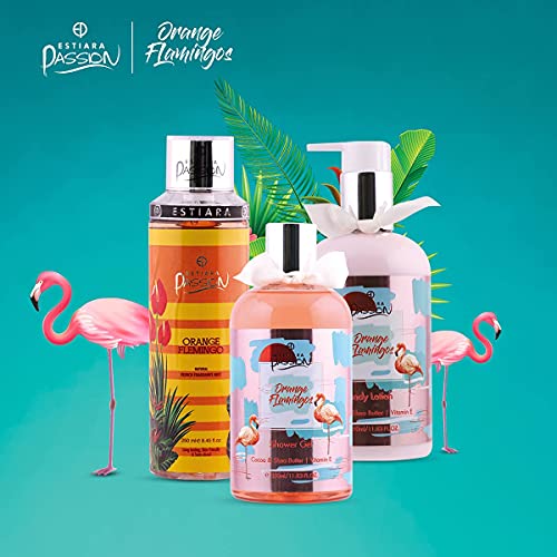 Estiara Passion Orange Flamingo Bath & Body 3 Piece Gift Set for Unisex - Orange Flamingo Body Lotion 350ML - Orange Flamingo Shower Gel 350ML - Orange Flamingo French Fragrance Mist 250ML - Giftset