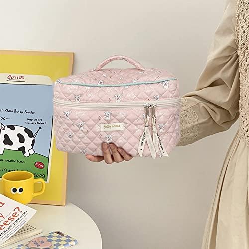 Juoxeepy Cotton Makeup Bag Large Travel Cosmetic Bag Quilted Cosmetic Pouch Coquette Aesthetic Floral Toiletry Bag, A-White, 10x5.9x5.3in