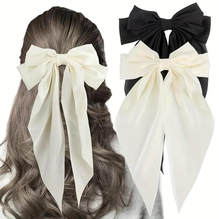 Elegant Silky Satin Hair Bow Clips.Set of 2,Oversized Fabric Bow Tie Barrettes,Black & Cream.Simple Classic Long Tassel Exquisite Hair Clips.Vintage Ribbon Bows.