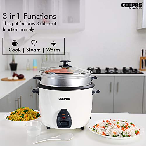 Geepas 1.5L Rice Cooker/Steamer with Non-Stick Cooking Pot | 500W | Automatic Cooking, Steam Vent Lid & Simple One Touch Operation |Make Rice, Steam Healthy Food & Vegetables | 2 Year Warranty