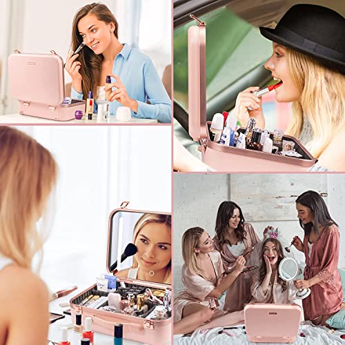Angju Makeup Travel Lighted Case with Large LED Light Mirror Cosmetic Bag Organizer Professional Adjustable Divider Storage, Waterproof Portable Make up Train Box Accessories And Tools Case