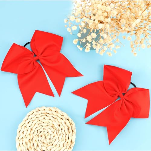 2 Pcs White 8 Inch Large Ponytail Holder Bows - Softball & Cheerleading Hair Scrunchies for Girls, Perfect Cheerleader Hair Accessories (1 Count (Pack of 2),red)