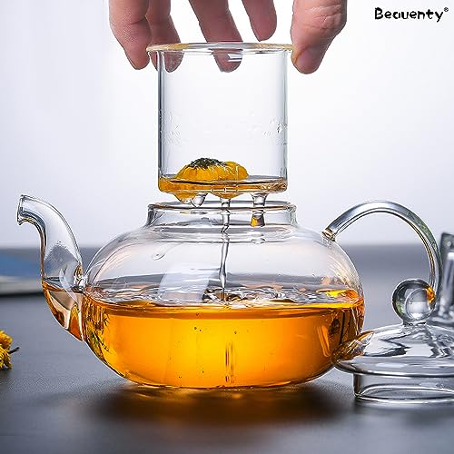 Beauenty 600ML Borosilicate Glass Teapot with Removable Loose Tea Infuser,Tea Pot with Dustproof Lid for Tea and Coffee Maker (600ML)