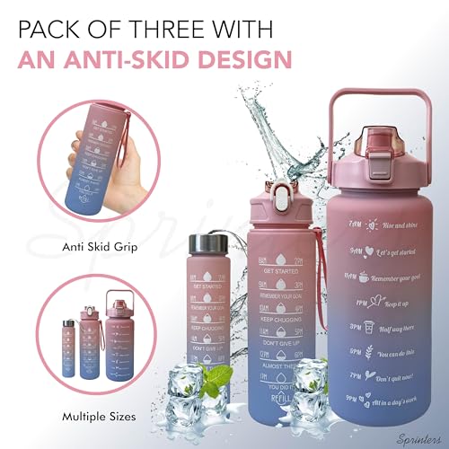 SPRINTERS - Large 2 Liters 64Oz BPA Free Multicolor Water Bottle - Leak Proof With Straw, Motivational Quote And Time Marker, Anti Slip For Sports,Fitness, Gym (Pink/Blue Pack Of 3)