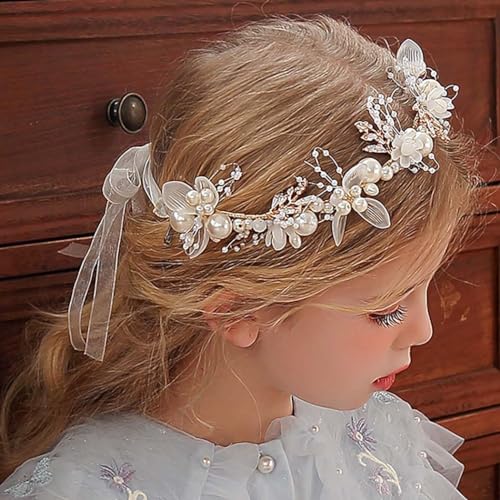 JWWYJ Princess Flower Crystal Headpiece Rhinestone Pearl Headband Alloy Floral Bridal Hair Accessories Communion Wedding Prom Photography for Girls and Women