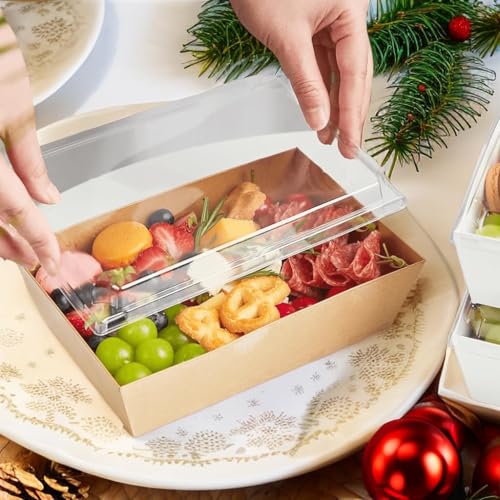Tazweeq 20 Pack Charcuterie Boxes with Clear Lids, Disposable Paper Bakery Boxes, Food Containers to Go for Strawberries, Cupcakes, Pizza, Donuts, Party, Wedding, Outdoors and Home Use (19*8.5*6.5cm)