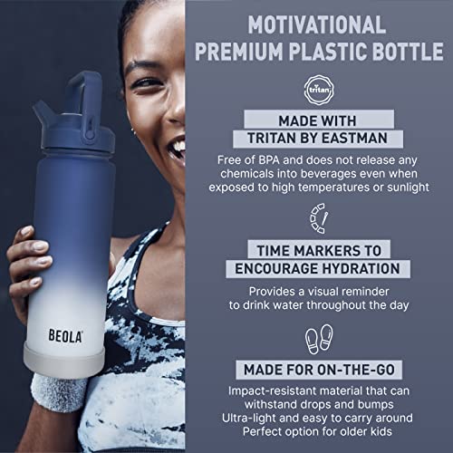 BEOLA 1000ml, 750ml, Motivational Water Bottle with Time Markers and Straw Lid, Tritan Plastic, BPA BPS FREE Leak Proof and Drop Resistant Office Bottles, 32oz, 25oz (Faded Denim, 750ml)
