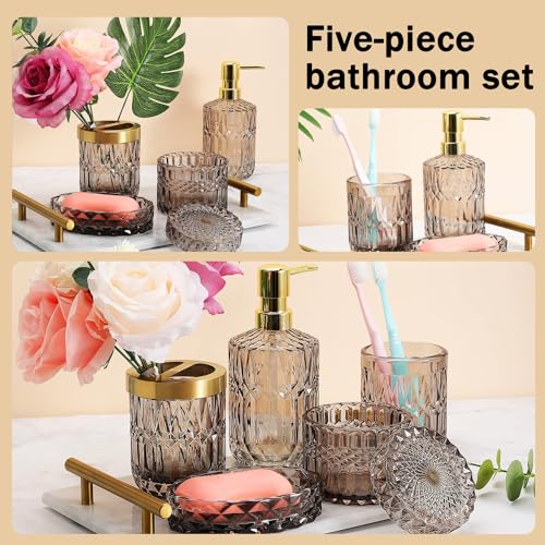 BEROZA 5PCS Bathroom Accessories Set, Stylish Decoration, Contains Lotion Dispenser, Soap Dish, Toothbrush Holder, Glass Cup, Cotton Swab Jar, Bathroom Decoration Gift (Black)