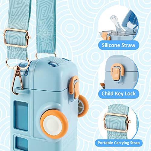 MIXDE Car Straw Water Cup, 16oz Summer Cute Bus Water Bottle with Shoulder Strap, Leak-Proof Kids Square Drinking Cup Cute Cartoon Water Jug Toy Locking Flip Lid Water Kettle for Kids (Blue)